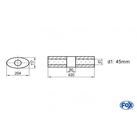 Uni-Schalldämpfer Oval ohne Stutzen mit Kammer - Abw. 525 204x117mm, d1Ø 45mm (außen), Länge: 420mm