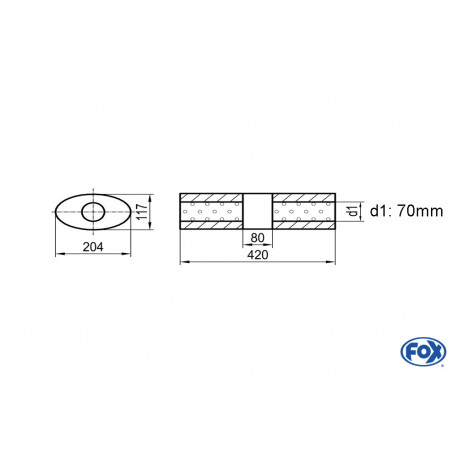 Uni-Schalldämpfer Oval ohne Stutzen mit Kammer - Abw. 525 204x117mm, d1Ø 70mm (außen), Länge: 420mm