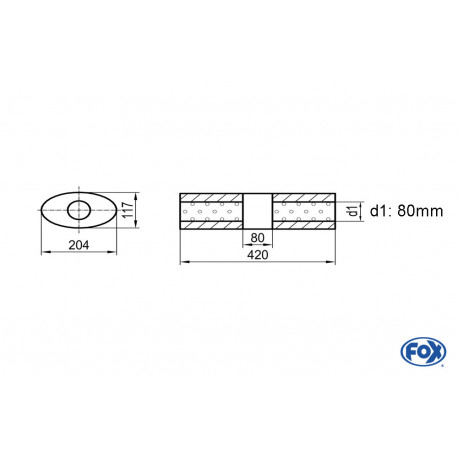 Uni-Schalldämpfer Oval ohne Stutzen mit Kammer - Abw. 525 204x117mm, d1Ø 80mm (außen), Länge: 420mm