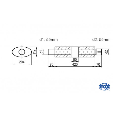 Uni-Schalldämpfer Oval mit Kammer + Stutzen - Abw. 525 204x117mm, d1Ø 55mm (außen), d2Ø 55mm (innen), Länge: 420mm