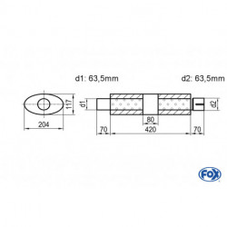 Uni-Schalldämpfer Oval mit Kammer + Stutzen - Abw. 525 204x117mm, d1Ø 63.5 mm (außen), d2Ø 63.5 mm (innen), Länge: 420mm