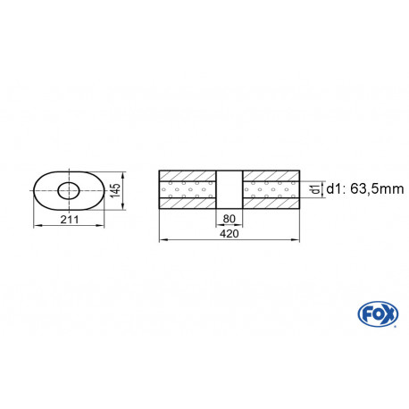 Uni-Schalldämpfer Oval ohne Stutzen mit Kammer - Abw. 585 211x145mm, d1Ø 63.5 mm (außen), Länge: 420mm