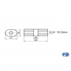 Uni-Schalldämpfer Oval ohne Stutzen mit Kammer - Abw. 585 211x145mm, d1Ø 101,6mm (außen), Länge: 420mm