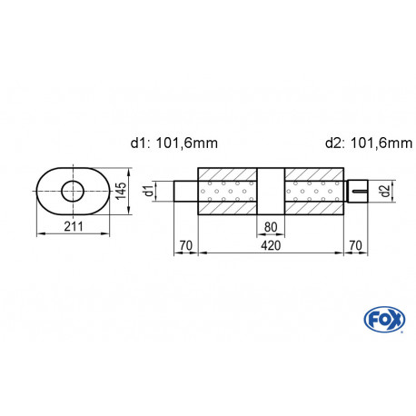 Uni-Schalldämpfer rund mit Kammer + Stutzen - Abw. 585 211x145, d1Ø 101,6mm (außen), d2Ø 101,6mm (innen), Länge: 420mm