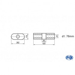 Uni-Schalldämpfer oval ohne Stutzen mit Kammer - Abw. 650 262x116mm, d1Ø 76mm, Länge: 420mm