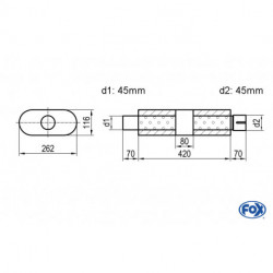 Uni-Schalldämpfer oval mit Kammer + Stutzen - Abw. 650 262x116mm, d1Ø 45mm (außen), d2Ø 45mm (innen), Länge: 420mm