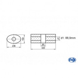 Uni-Schalldämpfer rund mit Kammer + Stutzen - Abw. 585 211x145, d1Ø 88,9mm (außen), d2Ø 88,9mm (innen), Länge: 420mm