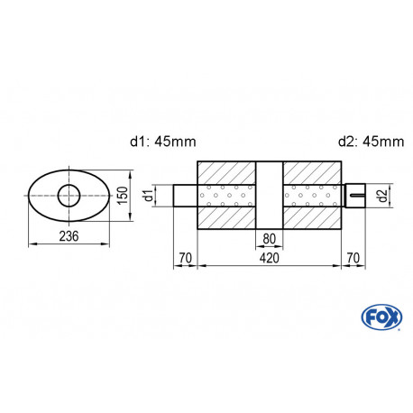 Uni-Schalldämpfer oval mit Kammer + Stutzen - Abw. 618 236x150, d1Ø 45mm (außen) d2Ø 45mm (innen), Länge: 420mm