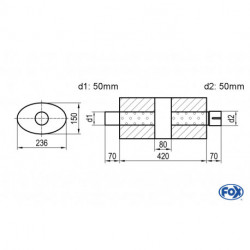 Uni-Schalldämpfer oval mit Kammer + Stutzen - Abw. 618 236x150, d1Ø 50mm (außen) d2Ø 50mm (innen), Länge: 420mm