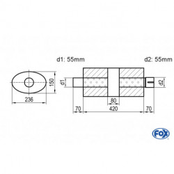 Uni-Schalldämpfer oval mit Kammer + Stutzen - Abw. 618 236x150, d1Ø 55mm (außen) d2Ø 55mm (innen), Länge: 420mm