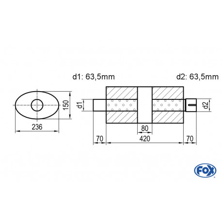 Uni-Schalldämpfer oval mit Kammer + Stutzen - Abw. 618 236x150, d1Ø 63.5 mm (außen) d2Ø 63.5 mm (innen), Länge: 420mm