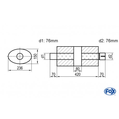 Uni-Schalldämpfer oval mit Kammer + Stutzen - Abw. 618 236x150, d1Ø 76mm (außen) d2Ø 76mm (innen), Länge: 420mm