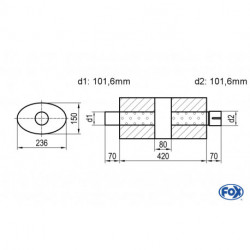 Uni-Schalldämpfer oval mit Kammer + Stutzen - Abw. 618 236x150mm, d1Ø 101,6mm (außen) d2Ø 101,6mm (innen), Länge: 420mm