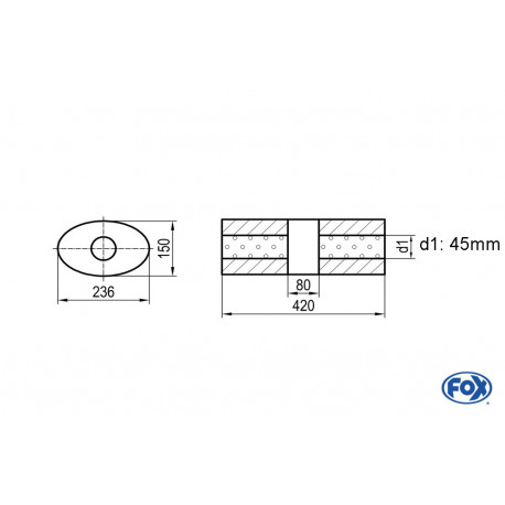 Uni-Schalldämpfer oval ohne Stutzen mit Kammer - Abw. 618 236x150mm, d1Ø 45mm, Länge: 420mm