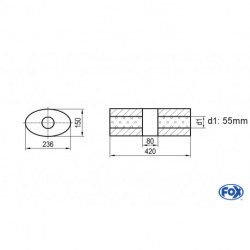 Uni-Schalldämpfer oval ohne Stutzen mit Kammer - Abw. 618 236x150mm, d1Ø 55mm, Länge: 420mm