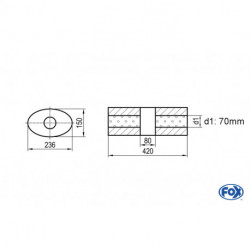 Uni-Schalldämpfer oval ohne Stutzen mit Kammer - Abw. 618 236x150, d1Ø 70mm (außen), Länge: 420mm