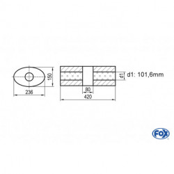 Uni-Schalldämpfer oval ohne Stutzen mit Kammer - Abw. 618 236x150mm, d1Ø 101,6mm, Länge: 420mm