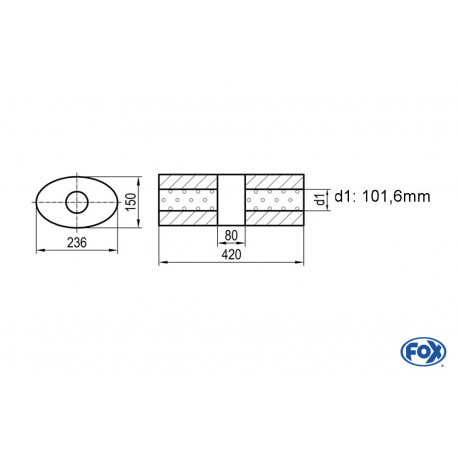 Uni-Schalldämpfer oval ohne Stutzen mit Kammer - Abw. 618 236x150mm, d1Ø 101,6mm, Länge: 420mm