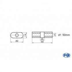 Uni-Schalldämpfer oval ohne Stutzen mit Kammer - Abw. 650 262x116mm, d1Ø 50mm, Länge: 420mm