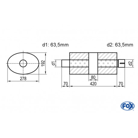 Uni-Schalldämpfer oval mit Kammer + Stutzen - Abw. 754 278x192mm, d1Ø 63.5 mm (außen), d2Ø 63.5 mm (innen), Länge: 420mm