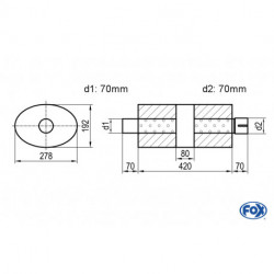 Uni-Schalldämpfer oval mit Kammer + Stutzen - Abw. 754 278x192mm, d1Ø 70mm (außen), d2Ø 70mm (innen), Länge: 420mm