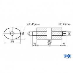 Uni-Schalldämpfer oval mit Kammer + Stutzen - Abw. 754 278x192mm, d1Ø 45mm (außen), d2Ø 45mm (innen), Länge: 420mm