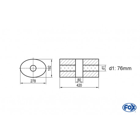 Uni-Schalldämpfer oval ohne Stutzen mit Kammer - Abw. 754 278x192mm, d1Ø 76mm, Länge: 420mm