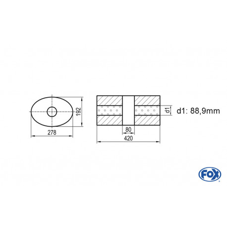 Uni-Schalldämpfer oval ohne Stutzen mit Kammer - Abw. 754 278x192mm, d1Ø 88,9mm, Länge: 420mm