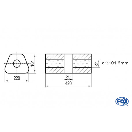 Uni-Schalldämpfer trapez ohne Stutzen mit Kammer - Abw. 644 220x161mm, d1Ø 101,6mm, Länge: 420mm