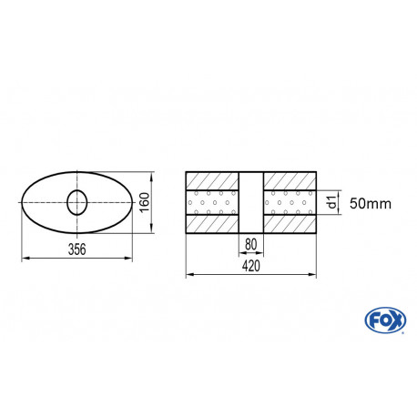 Uni-Schalldämpfer oval ohne Stutzen mit Kammer - Abw. 818 356x160mm, d1Ø 50mm, Länge: 420mm