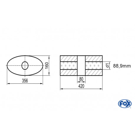 Uni-Schalldämpfer oval ohne Stutzen mit Kammer - Abw. 818 356x160mm, d1Ø 88,9mm, Länge: 420mm