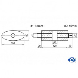 Uni-Schalldämpfer oval mit Kammer + Stutzen - Abw. 818 356x160mm, d1Ø 45mm (außen), d2Ø 45mm (innen), Länge: 420mm