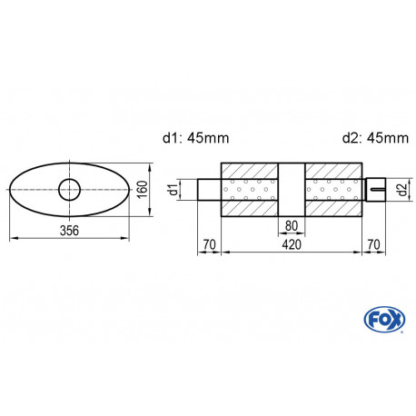 Uni-Schalldämpfer oval mit Kammer + Stutzen - Abw. 818 356x160mm, d1Ø 45mm (außen), d2Ø 45mm (innen), Länge: 420mm