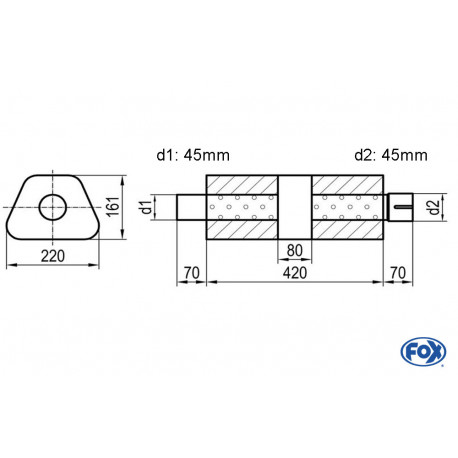 Uni-Schalldämpfer trapez mit Kammer + Stutzen - Abw. 644 220x161mm, d1Ø 45mm (außen), d2Ø 45mm (innen), Länge: 420mm