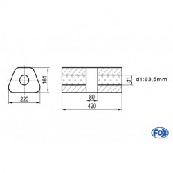 Uni-Schalldämpfer trapez ohne Stutzen mit Kammer - Abw. 644 220x161mm, d1Ø 63.5 mm, Länge: 420mm