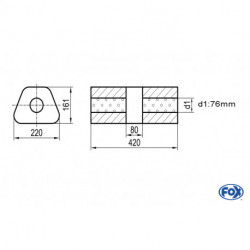 Uni-Schalldämpfer trapez ohne Stutzen mit Kammer - Abw. 644 220x161mm, d1Ø 76mm, Länge: 420mm