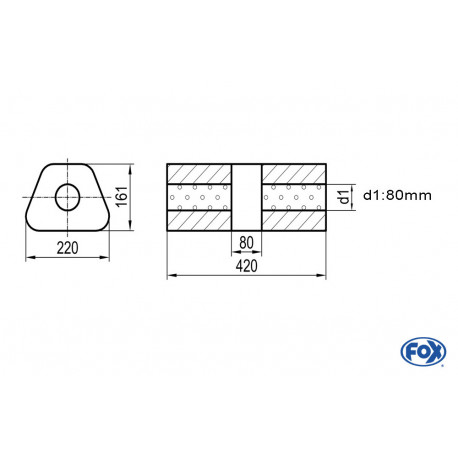 Uni-Schalldämpfer trapez ohne Stutzen mit Kammer - Abw. 644 220x161mm, d1Ø 80mm, Länge: 420mm