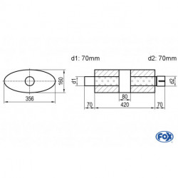 Uni-Schalldämpfer oval mit Kammer + Stutzen - Abw. 818 356x160mm, d1Ø 70mm (außen), d2Ø 70mm (innen), Länge: 420mm