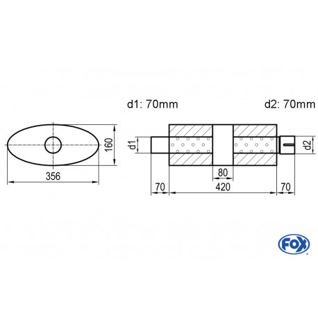 Uni-Schalldämpfer oval mit Kammer + Stutzen - Abw. 818 356x160mm, d1Ø 70mm (außen), d2Ø 70mm (innen), Länge: 420mm