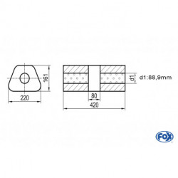 Uni-Schalldämpfer trapez ohne Stutzen mit Kammer - Abw. 644 220x161mm, d1Ø 88,9mm, Länge: 420mm