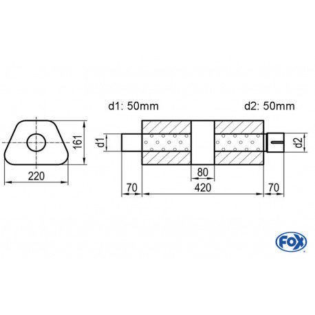 Uni-Schalldämpfer trapez mit Kammer + Stutzen - Abw. 644 220x161mm, d1Ø 50mm (außen), d2Ø 50mm (innen), Länge: 420mm