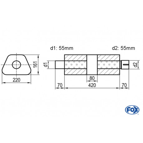 Uni-Schalldämpfer trapez mit Kammer + Stutzen - Abw. 644 220x161mm, d1Ø 55mm (außen), d2Ø 55mm (innen), Länge: 420mm