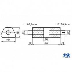 Uni-Schalldämpfer trapez mit Kammer + Stutzen - Abw. 644 220x161mm, d1Ø 88,9mm (außen), d2Ø 88,9mm (innen), Länge: 420mm