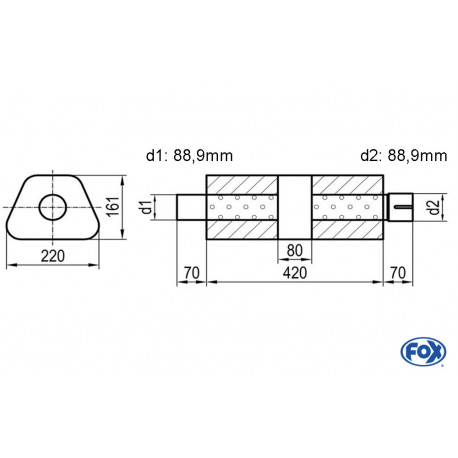 Uni-Schalldämpfer trapez mit Kammer + Stutzen - Abw. 644 220x161mm, d1Ø 88,9mm (außen), d2Ø 88,9mm (innen), Länge: 420mm