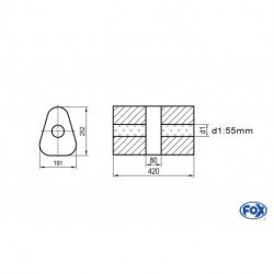 Uni-Schalldämpfer dreieck ohne Stutzen mit Kammer - Abw. 725 191x252mm, d1Ø 55mm, Länge: 420mm