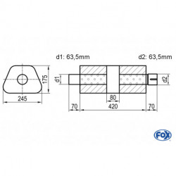 Uni-Schalldämpfer trapez mit Kammer + Stutzen - Abw. 711 245x175mm, d1Ø 63.5 mm (außen), d2Ø 63.5 mm (innen), Länge: 420mm