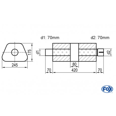 Uni-Schalldämpfer trapez mit Kammer + Stutzen - Abw. 711 245x175mm, d1Ø 70mm (außen), d2Ø 70mm (innen), Länge: 420mm