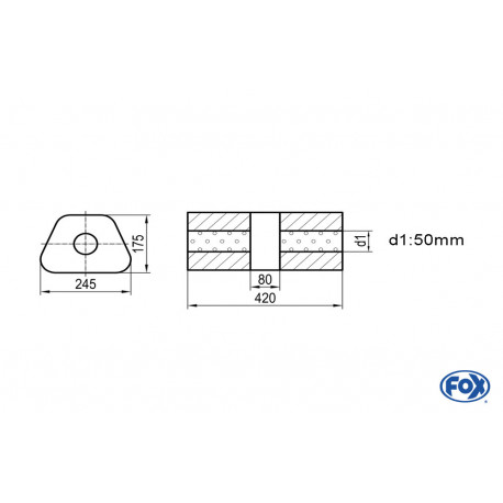 Uni-Schalldämpfer trapez ohne Stutzen mit Kammer - Abw. 711 245x175mm, d1Ø 50mm, Länge: 420mm