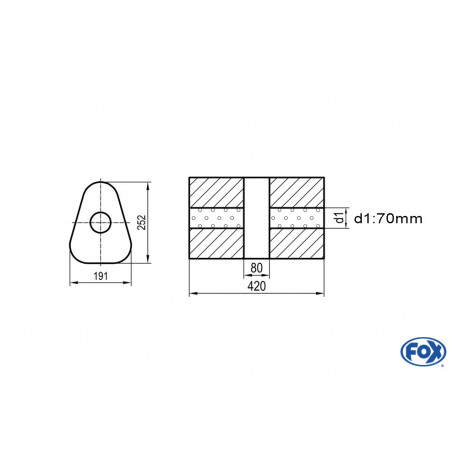 Uni-Schalldämpfer dreieck ohne Stutzen mit Kammer - Abw. 725 191x252mm, d1Ø 70mm, Länge: 420mm