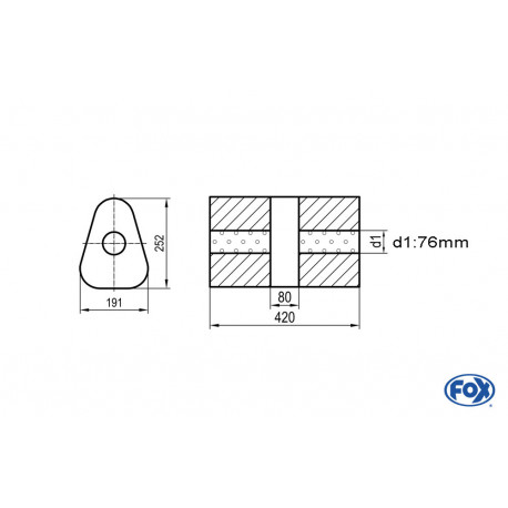 Uni-Schalldämpfer dreieck ohne Stutzen mit Kammer - Abw. 725 191x252mm, d1Ø 76mm, Länge: 420mm